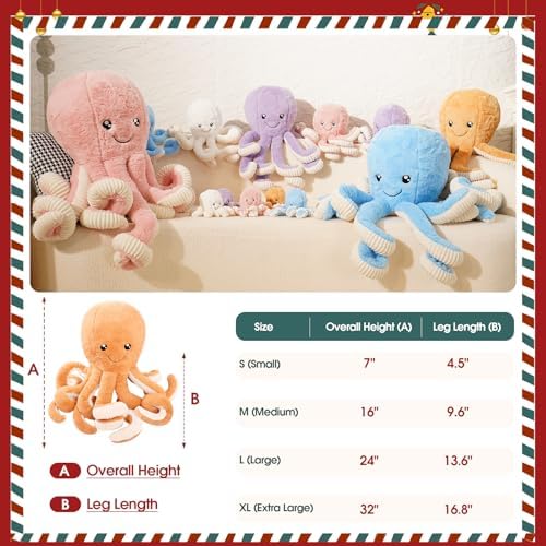 DENTRUN Octopus Plush Toy, Cute Stuffed Animal in 5 Colors 4 Sizes for Gift