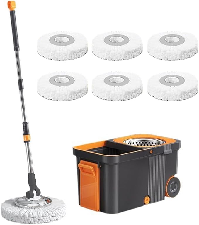 Household Cleaning Automatic with 6 Replacement Head Refills Extended Handle Hand-Free Automatic Dehydration Mop Cleaning with Bucket for Household Floor Cleaning (Grey Orange)