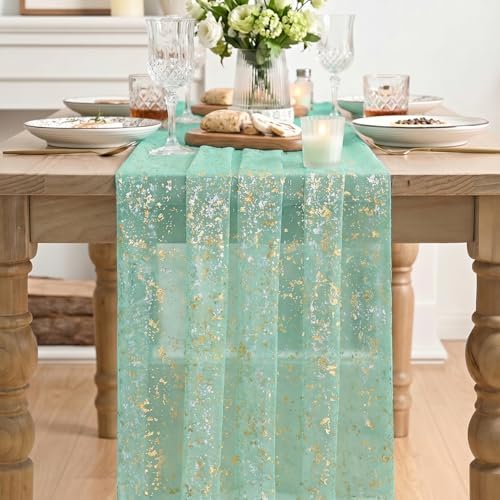 Artoid Mode Turquoise Gauze Gold Table Runner 10FT, Glitter Metallic Foil Sheer Dining Wedding Anniversary Holiday Table Decor for Home Party
