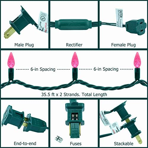 YULETIME 140 Pink C6 Christmas String Light, 2-Set 36 ft 70ct One-Piece LED