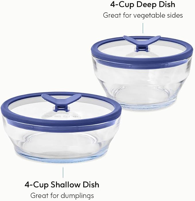 Anyday 4-Piece Medium Glass Food Storage with Lids (Clear Blueberry) | Plastic-Free Meal Prep, Microwave Cookware, Stackable Airtight Container, Vented Lid, Microwave-Safe Reheating