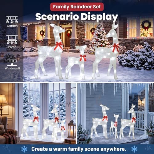 34IN 3-Piece 2.5D Lighted Christmas Deer Family Outdoor Decorations, White Pre-Lit Reindeer Set with 45 Lights, Stakes and Zip Ties for Yard Lawn Porch Garden Patio Holiday Party Decor