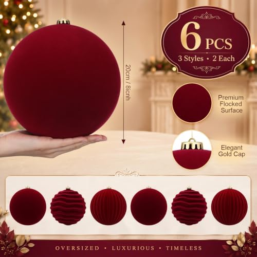 Hollowfly 6 pcs 8 Inch Burgundy Red Large Velvet Christmas Balls Ornaments