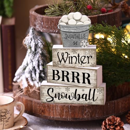 Moucuny 4 Pcs Winter Wooden Block Signs Farmhouse Table Decoration