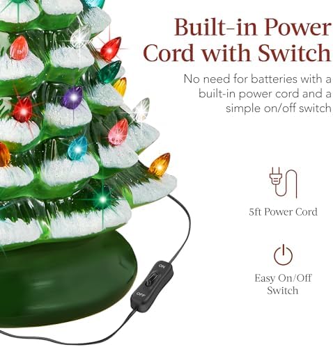 Best Choice Products 15in Ceramic Christmas Tree, Pre-lit Hand-Painted Tabletop Holiday Tree, 2 Star Toppers, 64 Lights - Flocked w/Multicolored Bulbs
