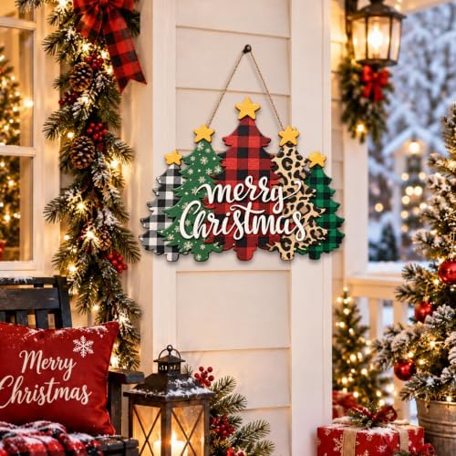 Christmas Decorations Plaid Leopard Christmas Tree Wooden Hanging Sign