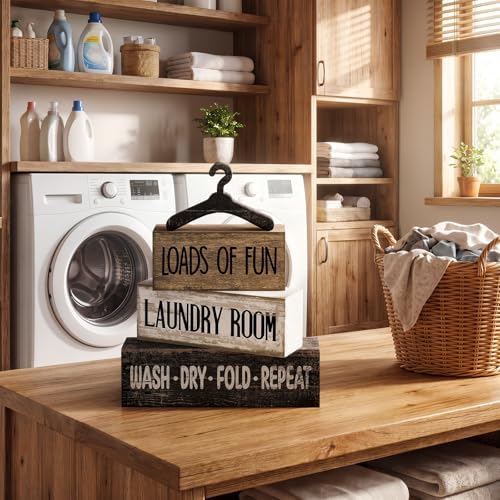 Moucuny 4 Pcs Laundry Room Decor Wooden Signs Rustic Farmhouse Block