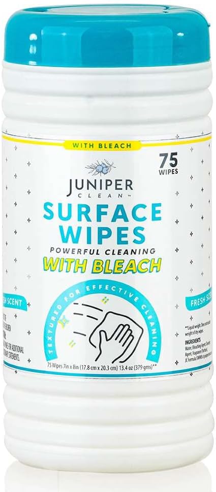 Juniper CLEAN 1 Pack Surface Cleaning Wipes with Bleach, All-Purpose Cleaner for Bathroom, Kitchen, Office, 75 Count Canister, 7.5" x 7" Sheet, Fresh Scent, Lint Free & Durable