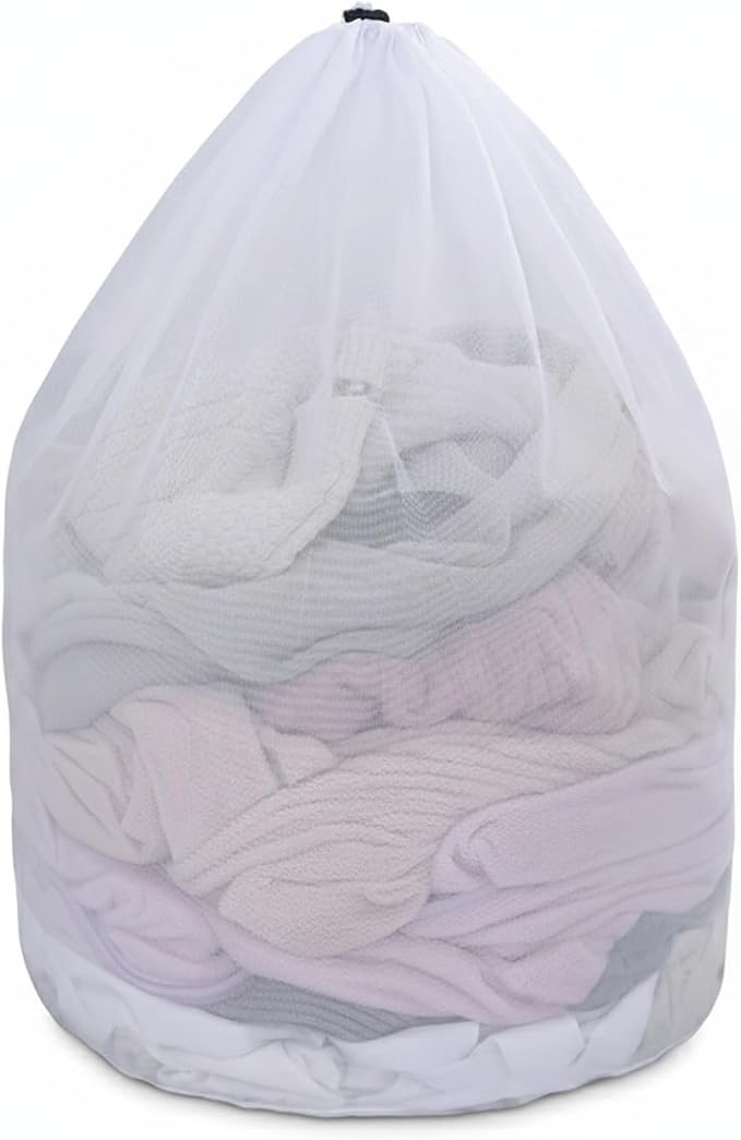 Laundry Mesh Bag with Drawstring, Polyester Net for Delicates, Lingerie, and Knits, White (1 PC)