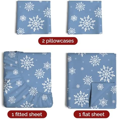 Christmas Sheet Set, Blue Snowflakes, Holiday Xmas Bedding Set - Full Size