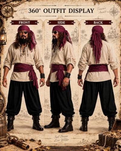 10PCS Pirate Costume for Men, Renaissance Medieval Viking Outfit for Halloween Cosplay with Shirt Pants Jewelry
