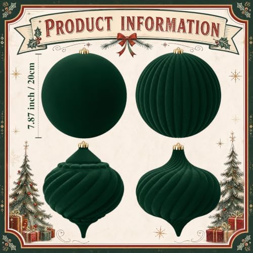 Civaner 4 Pcs Large Velvet Christmas Ball,8 Inch,Green