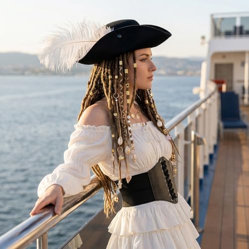 7 Pcs Pirate Costume Women Renaissance Dress Set, Medieval Pirate Outfit for Women with Hat and Accessories