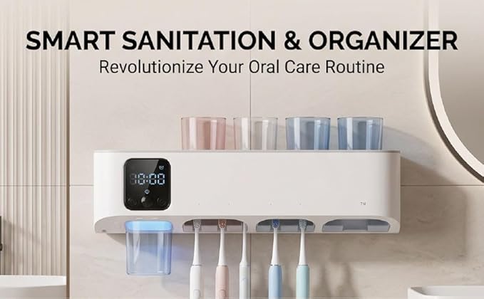 Naroote Electric Toothbrush Clean Holder, ABS Smart Toothbrush Holder with LED Display, UVC Cleaning, Fan Drying, 4000mAh Rechargeable 5 Slot Wall Mounted Organizer for Bathroom