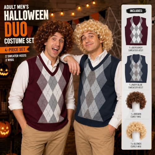 Halloween Cosplay Costume with Afro Fluffy Wigs, Thick Argyle Sweater Vests
