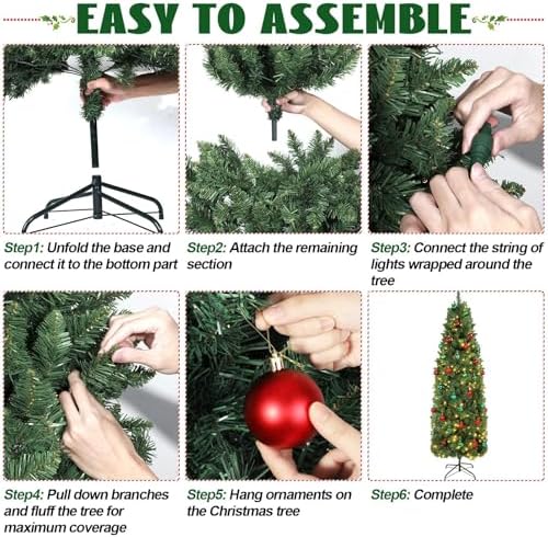 31 Pcs 6 Ft Artificial Slim Christmas Tree with 200 LED Warm White String Lights 30 Red Green Ball Ornaments Skinny Thin Pencil Tree with Metal Stand for Home Xmas Holiday Party Decoration
