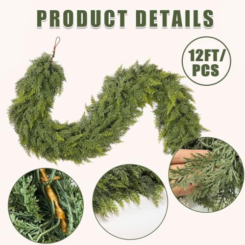 12FT 1Pcs Christmas Cedar Garland with Lights Realistic Faux Pine Garlands