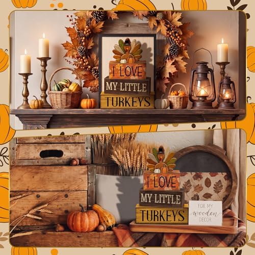 Lineshading 4 Pcs Thanksgiving Table Decoration, Turkey Wooden Block Signs