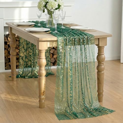 Artoid Mode Green Gold Gauze Table Runner 59x120 Inch 10FT, Glitter Metallic Foil Sheer Dining Wedding Anniversary Holiday Table Decor for Home Party