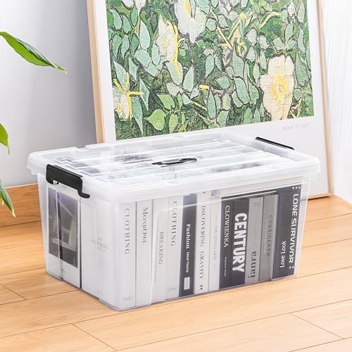 Cetomo Lidded Storage Bin with Handle, Storage Bins with Lid, Organizing Container with Secure Latching Buckles, Stackable and Nestable, Plastic, 72 Quart-6 Pack, Clear