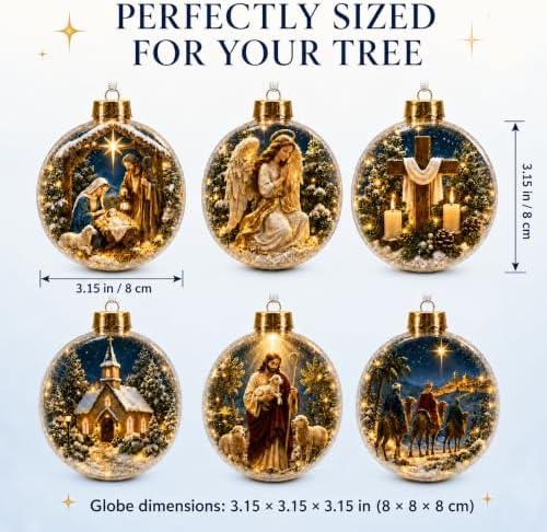 6 Pack Lighted Christian Christmas Ornaments, 3.15 Inch Religious Globes