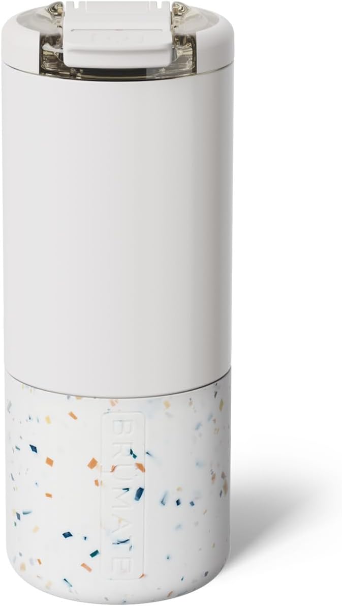BrüMate Strova 18oz 100% Leakproof Insulated Coffee Mug | Ceramic-Lined Interior | Built-In Silicone Sleeve for Travel | Locking Flip Lid (Terrazzo)