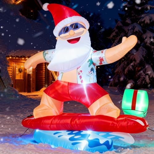 6FT Surfing Santa Inflatable with Lights for Yard Christmas