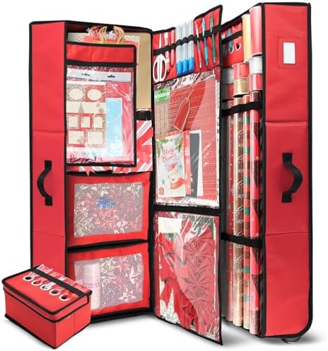 Hearth & Harbor Wrapping Paper Storage Container with Ribbon Dispenser and Interior Pockets - Large Christmas Storage Containers with Wheels, Fits 30 Rolls of 40" Length, Red