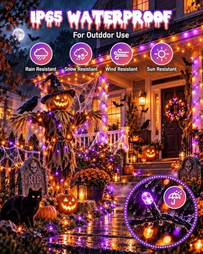 OZS Solar Halloween Lights Outdoor, Purple and Orange 2 Pack 240LED