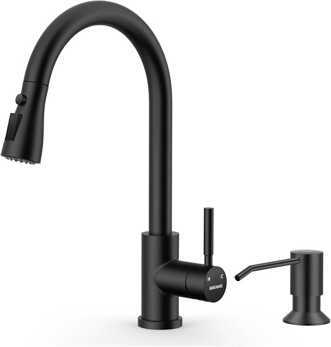 WEWE Kitchen Faucet with Pull Down Sprayer and Soap Dispenser, Matte Black High Arc Single Handle Stainless Steel Sink Faucet, Suitable for Farmhouse, RV & Laundry