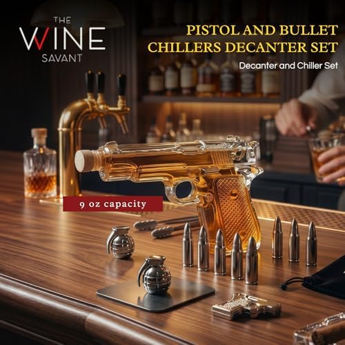Bullet Whiskey Stones with Vintage Wooden Case, 9oz Gun Decanter, Stainless Steel Ice Cubes Chilling Bullets, Grenades, Pistol, Tongs, Velvet Bag Whiskey Gift Set for Men, Dad, Husband, Boyfriend Cool