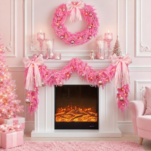 9FT Pink Christmas Garland with Lights Bow Decor Soft Preit Cedar Garland