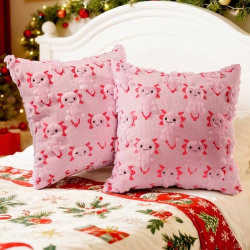 eowvsio 2PCS Christmas Axolotl Throw Pillow Covers 18x18 inch,Christmas Decor Soft Plush Faux Fur Wool Couch Cushion Case for Chair Sofa Bedroom Living Room