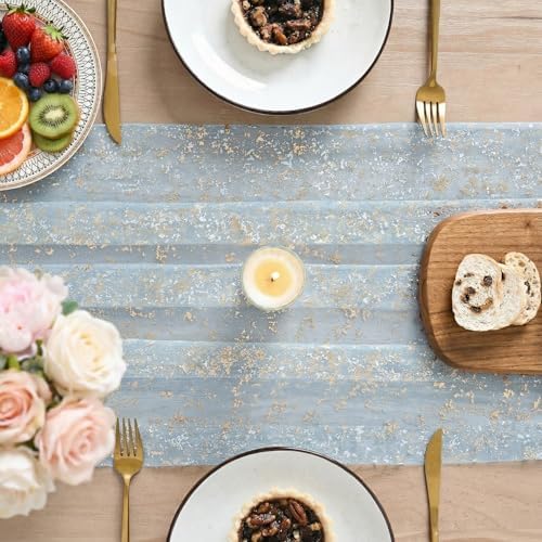 Artoid Mode Gold Gauze Light Blue Table Runner 120 Inch 10FT, Glitter Metallic Foil Sheer Dining Wedding Anniversary Holiday Birthday Table Decor for Home Party
