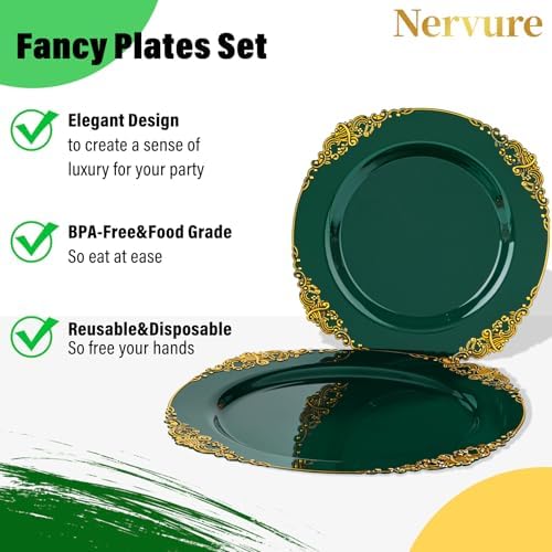 Nervure 175Pcs Green Plastic Plates, Disposable Party Plates for 25 Guests