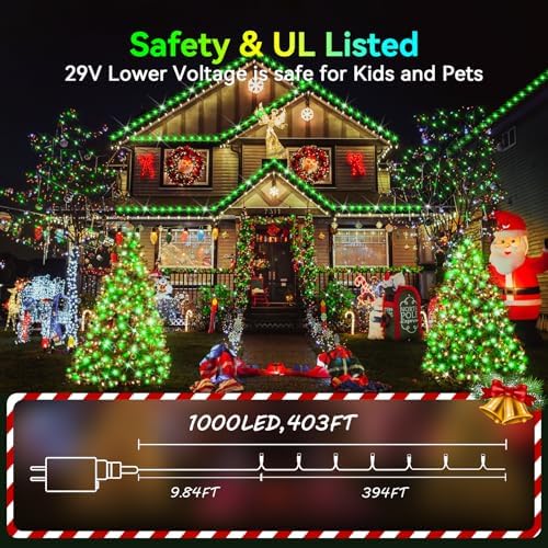 Hezbjiti 1000 LED 403 FT Christmas Lights Outdoor String Lights 8 Modes with Timer Memory Waterproof Fairy Lights Plug in for Classroom Bedroom Patio Wedding Party Holiday Xmas Decorations(Green)
