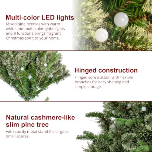 Glitzhome Prelit Christmas Tree, 6ft Artificial Small Christmas Tree Charming Cashmere Slim Pine with 250 Warm White and Multi-Color Globe LED Lights, 9 Function w/Foot Pedal and Remote Control