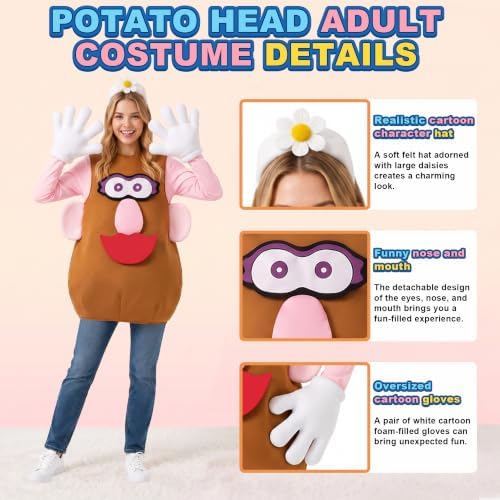 Mr/Mrs Potato Costume Cartoon Funny Halloween Couples Cosplay Tunic White Gloves Hat Detachable Parts Set for Adult