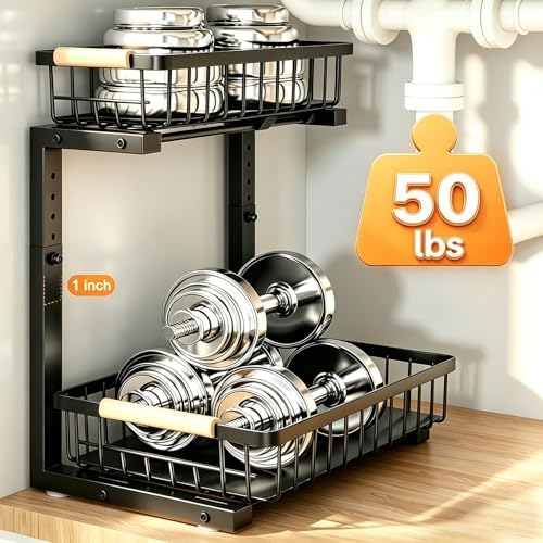 REALINN Under Sink Organizer, Adjustable 2 Tier Pull Out Kitchen Bathroom