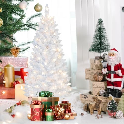2PCS Lighted 4ft White Christmas Tree, Leeheeyee Artificial Small Christmas Tree, Not Pre-lit White Tinsel Pine Trees with Lights, Ideal for Home, Office, and Xmas Tree Party Décor
