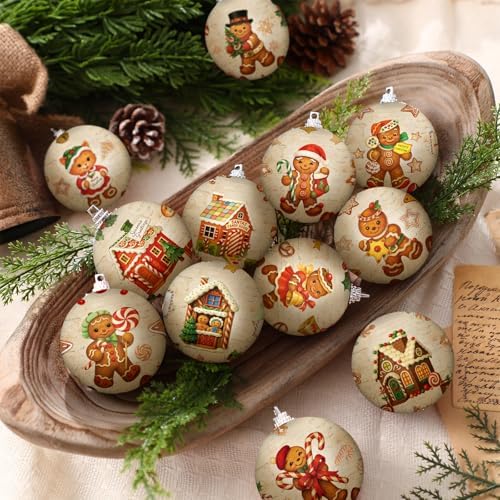 Outus 16 Pcs Christmas Tree Ball Ornaments Vintage Gingerbread Christmas Decorations for Tree Colorful Xmas Decorative Hanging Ornaments for Farmhouse Home Fireplace Decoration Holiday Party Favors