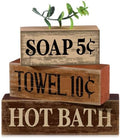Moucuny 4 Pcs Rustic Bathroom Shelf Decor Wooden Block Signs, Farmhouse