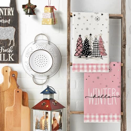Artoid Mode Pink Snowman Christmas Kitchen Towels Set of 4 18x26 Inch