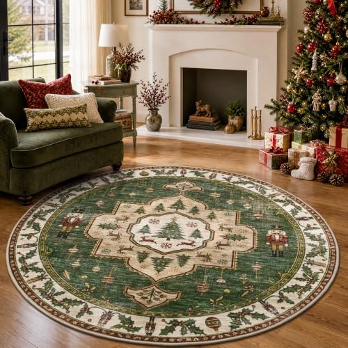 Engiw Christmas Rug 5 ft Round Area Rug, Washable Non-Slip, Soft Low Pile Carpet, Christmas Decorations for Living Room, Bedroom, Kitchen, Hallway, Entryway and Under Christmas Tree