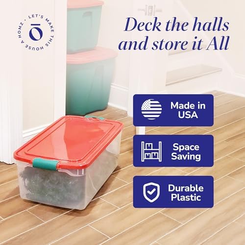 HOMZ Holiday Tote Plastic Storage Bin with Lid, 64 Qt, Clear/Red, 6 Pack