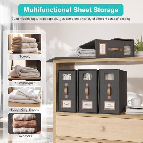 4 Pack Bed Sheets Organizers And Storage,Sheets Set Folder Keeper with Handle,Foldable Bedding Storage Box For Linen Closet,Duvet Cover(Cal King Size-5.2 Gal,Black)