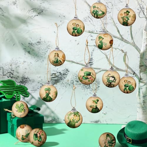 Outus 16 Pcs Vintage St. Patrick's Day Tree Ornaments Ball St. Patrick's Day Decorations for Tree Vintage Style Shamrock Luck Irish Hanging Ornaments Farmhouse Home Decoration Holiday Party Favors