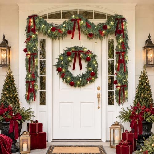 9FT Christmas Garland with Lights Ornaments Realistic Preit Cedar Garland