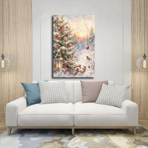 Snowy Christmas Tree Canvas Wall Art Winter Sled Birds Decor Inner Frame