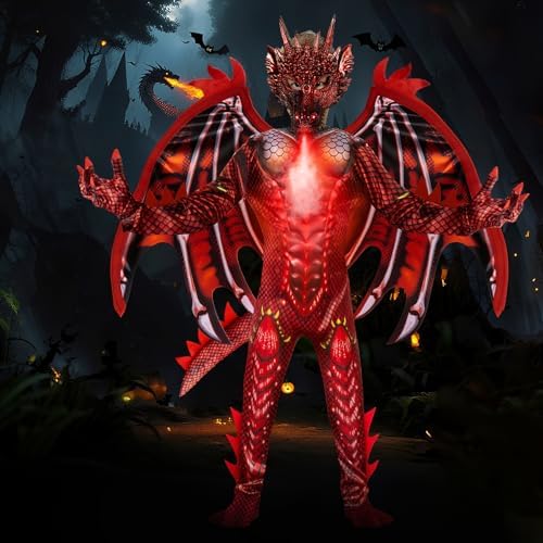 digi Dragon Costume for kids,Halloween costume Scary Goblin Dragon Full Body Jumpsuit with Wings Tail Spikes for boy 4-12